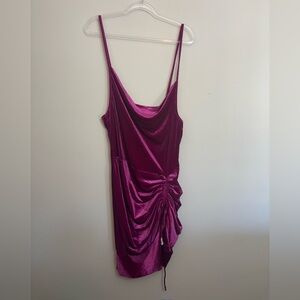 PLT Fuchsia Velvet Strappy Ruched Frill Hem Bodycon Dress